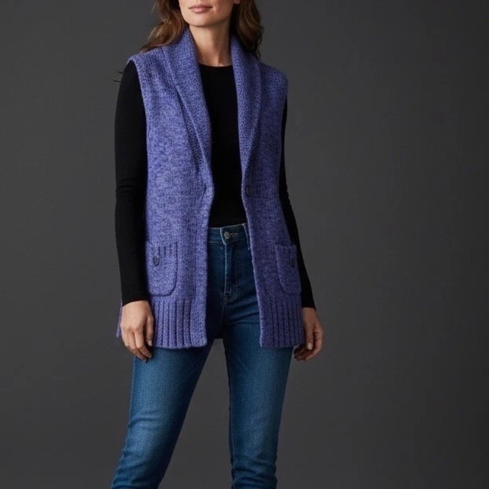Womens 1 CHICOS Blue Acrylic Blend One Button Front Sweater Vest Cardigan